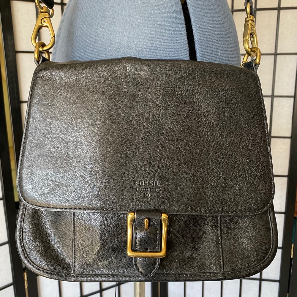 Fossil Crossbody Black Leather Bag w Brass